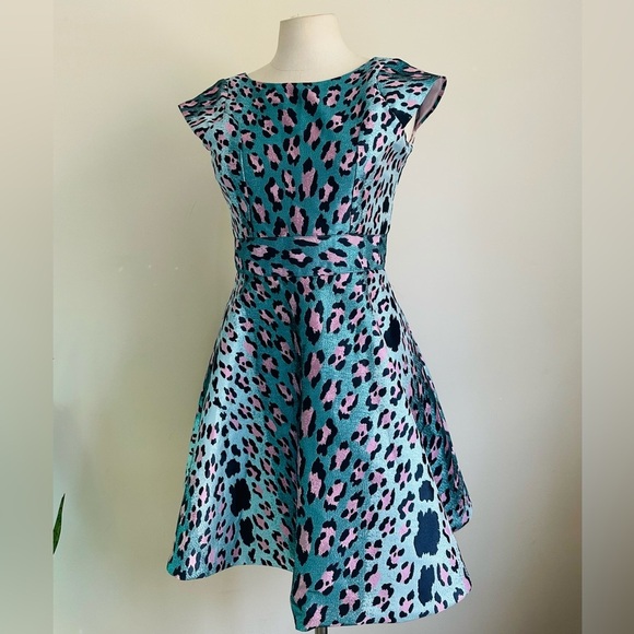 ZOE LTD Jacquard Turquoise METALLIC Leopard Print Girls Cheetah Dress New sz 16 - Picture 2 of 8